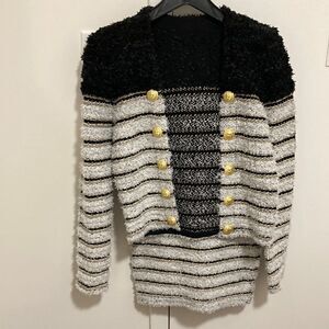 Colou Power Jacket & Skirt Set in Black & White Boucle with Gold Metallic Thread